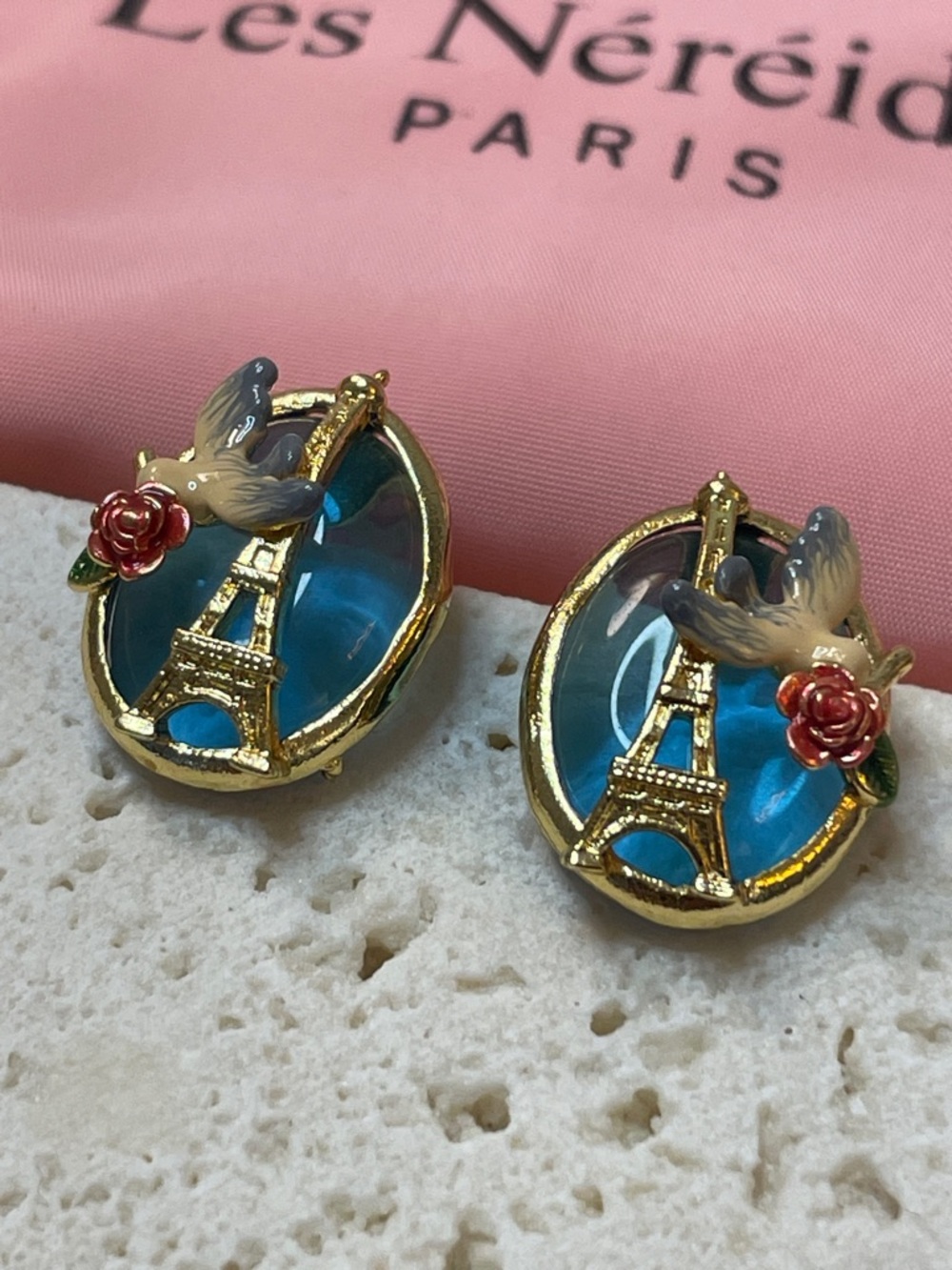 Les Néréides Eiffel Tower Earrings Paris Blue Enamel Dove Rose